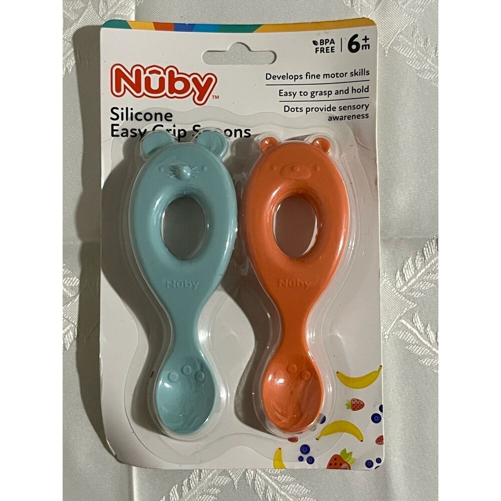 Nuby Silicone Easy Grip Spoons 2-Pack - Mouse and Bear - 6+ Months - BPA Free